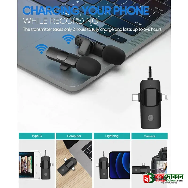 3-in-1 Universal Wireless Lavalier Microphone – Omnidirectional Condenser Clip-On Mic with iPhone, Type-C & 3.5mm Connectors for Cameras, Computers, Smartphones & Live Streaming - বাংলাদেশে সেরা দাম ও স্পেসিফিকেশন - গ্যালারি