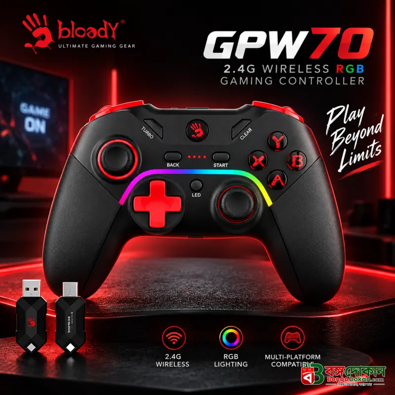 A4Tech Bloody GPW70 2.4G Wireless RGB Gaming Controller (Black) – Multi-Platform Compatible, Dual Connection, RGB Animation, 3.5mm Audio Jack & Up to 13 Hours Battery Life - বাংলাদেশে সেরা দাম ও স্পেসিফিকেশন - বাংলাদেশে সেরা অফার ও দাম