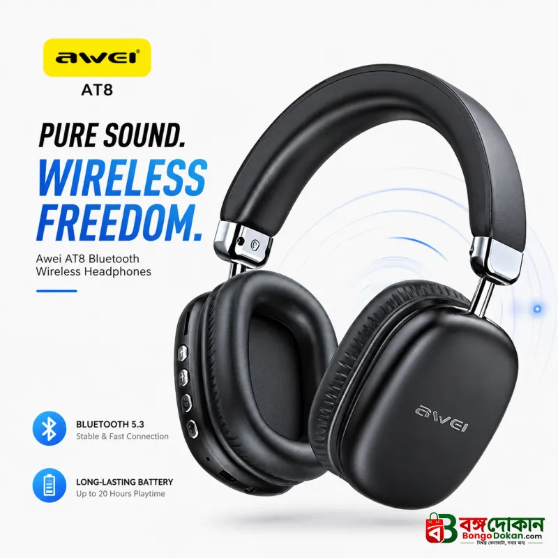 Awei AT8 Bluetooth Wireless Over-Ear Headphone – Bluetooth 5.4 Headset with 40mm Drivers, 40-Hour Playback, Type-C Fast Charging & Built-in Mic - বাংলাদেশে সেরা দাম ও স্পেসিফিকেশন - বাংলাদেশে সেরা অফার ও দাম