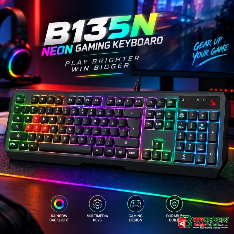 Bloody B135N Neon Gaming Keyboard – 1000Hz Report Rate, Neon Backlit, Double Water-Resistant, Screw-Enhanced Space-Bar & USB Wired Connection - বাংলাদেশে সেরা দাম ও স্পেসিফিকেশন - বাংলাদেশে সেরা অফার ও দাম