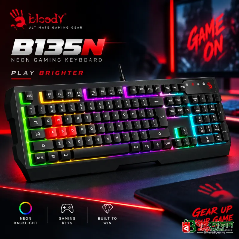 Bloody S510N Pudding Black Neon Gaming Keyboard – 1000Hz Polling Rate, 1ms Key Response, Adjustable Neon Backlit, Double Water-Resistant & Screw-Enhanced Space-Bar - বাংলাদেশে সেরা দাম ও স্পেসিফিকেশন - বাংলাদেশে সেরা অফার ও দাম