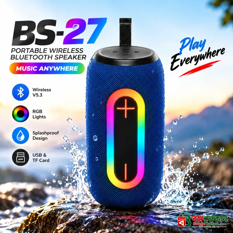 BS-27 RGB Wireless Bluetooth Speaker – Portable Outdoor Speaker with Dynamic LED Lights, Bluetooth Connectivity, USB/TF Card Support & Splashproof Design - বাংলাদেশে সেরা দাম ও স্পেসিফিকেশন - বাংলাদেশে সেরা অফার ও দাম