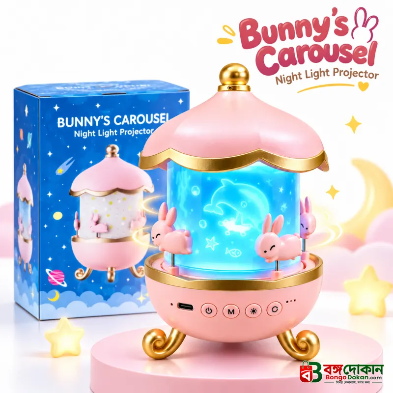 Bunny Carousel Night Light Projector – Rotating LED Star & Galaxy Projection Lamp with 6 Themes, 5 Color Patterns & Adjustable Brightness for Kids Room & Nursery Decor - বাংলাদেশে সেরা দাম ও আকর্ষণীয় খেলনা - বাংলাদেশে সেরা অফার ও দাম