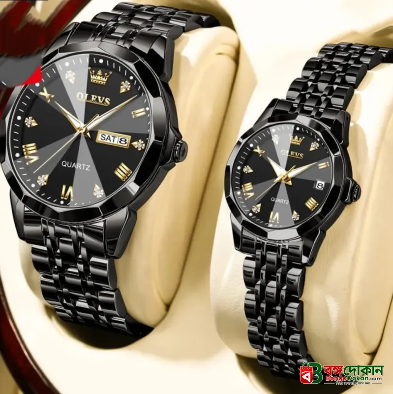 Butter  Fly Lock Olievs  Stainless Steel fashionable  Couple watches +1pcs chain cutter+ 2 pcs battery Full Black - বাংলাদেশে সেরা দাম ও নতুন কালেকশন - গ্যালারি