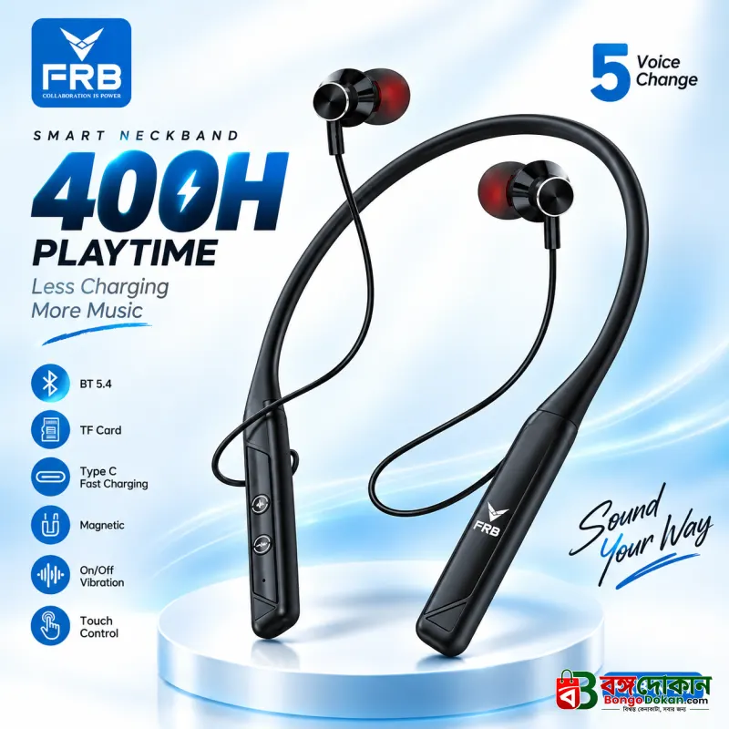 FRB N-27 Smart Wireless Neckband Earphone – Bluetooth 5.4 In-Ear Headset with 400H Battery Life, TF Card Slot, Type-C Fast Charging, Touch Control & Voice Change Feature - বাংলাদেশে সেরা দাম ও স্পেসিফিকেশন - বাংলাদেশে সেরা অফার ও দাম