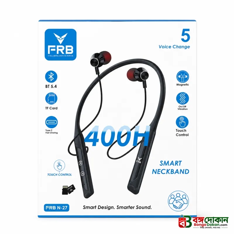FRB N-27 Smart Wireless Neckband Earphone – Bluetooth 5.4 In-Ear Headset with 400H Battery Life, TF Card Slot, Type-C Fast Charging, Touch Control & Voice Change Feature - বাংলাদেশে সেরা দাম ও স্পেসিফিকেশন - গ্যালারি