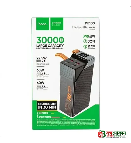 Hoco DB100 Harmony 30000mAh 65W Fast Charging Power Bank – PD & QC 3.0 Support, Dual Type-C & Dual USB-A Ports, Smart Digital LED Display & Laptop Charging Compatible - বাংলাদেশে সেরা দাম ও স্পেসিফিকেশন - গ্যালারি