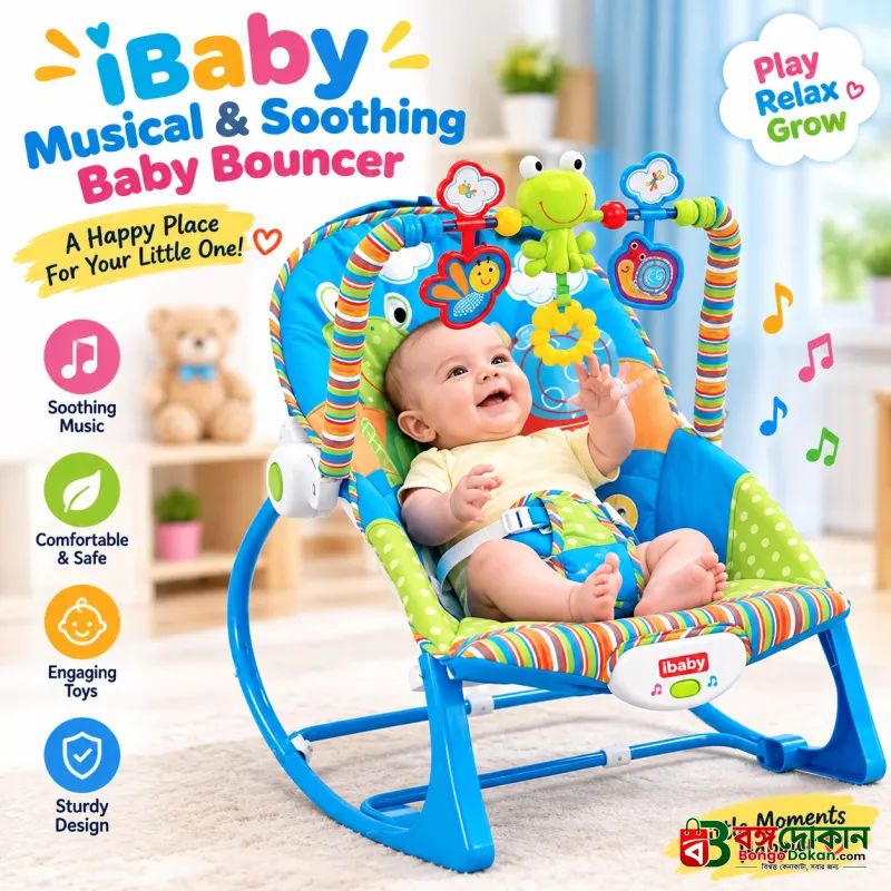 iBaby Musical & Soothing Baby Bouncer – 2-in-1 Rocking Seat & Toddler Chair with Gentle Vibration, Melodies, Removable Toy Bar & Fold-Out Kickstand, Supports Up to 18kg (Age 0M to 3 Years) - বাংলাদেশে সেরা দাম ও আকর্ষণীয় খেলনা - বাংলাদেশে সেরা অফার ও দাম