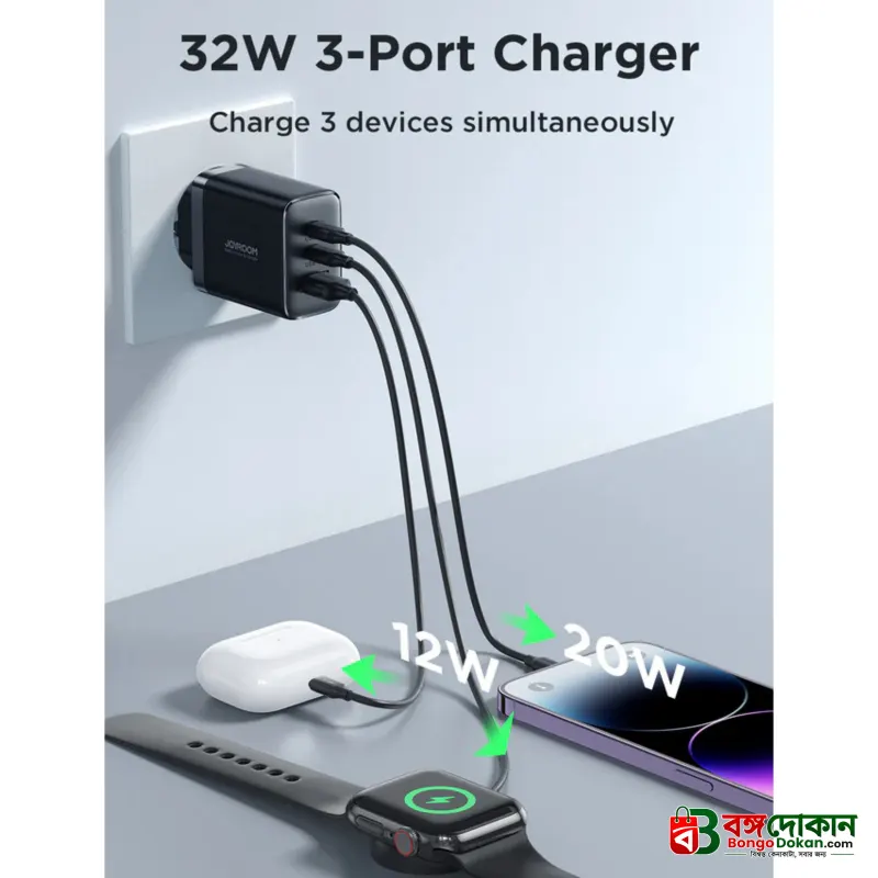 Joyroom JR-TCF10 32W Fast Charger – 2C1A Tri-Port Wall Adapter with Smart Charging Technology, Multi-Layer Safety Protection & Compact Design (Black) - বাংলাদেশে সেরা দাম ও স্পেসিফিকেশন - গ্যালারি