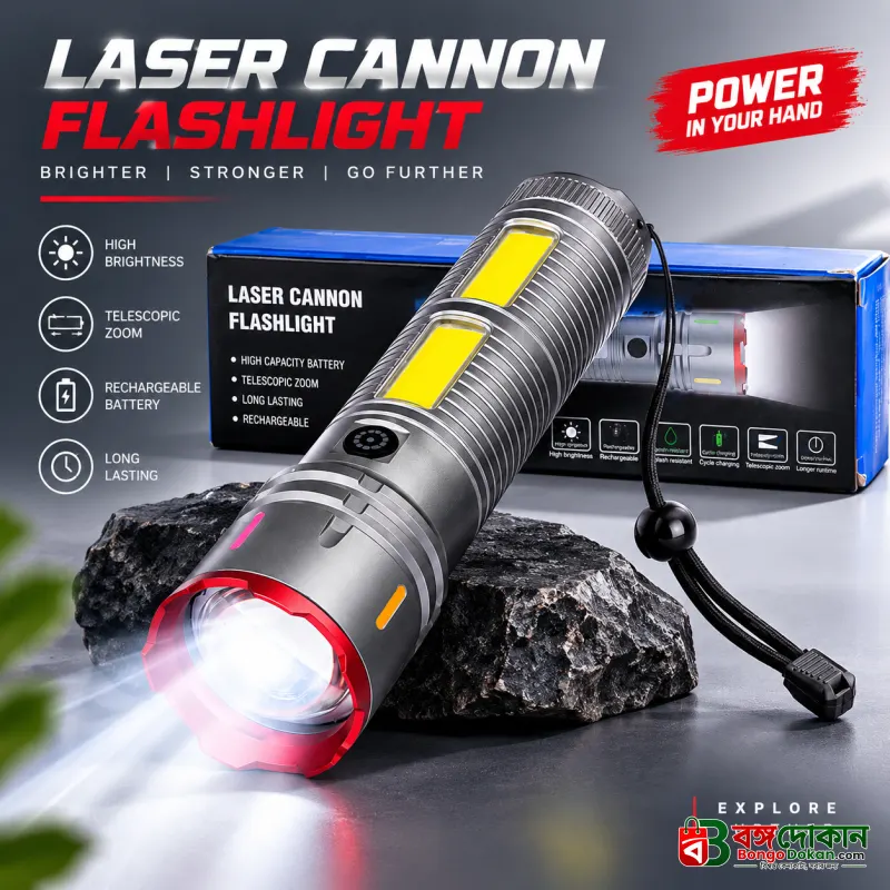 Laser Cannon X03 Metal Tactical Flashlight – High-Power Long-Lasting LED Torch with Built-In Power Bank & Durable Metal Body (8.5 Inch, 445g) - বাংলাদেশে সেরা দাম ও স্পেসিফিকেশন - বাংলাদেশে সেরা অফার ও দাম
