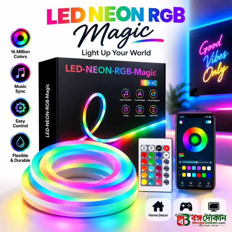 LED Neon RGB Magic Flexible Strip Light – App & IR Remote Controlled Smart Neon Rope Light with Music Sync, Timer & Dynamic Color Changing Features - বাংলাদেশে সেরা দাম ও স্পেসিফিকেশন - বাংলাদেশে সেরা অফার ও দাম