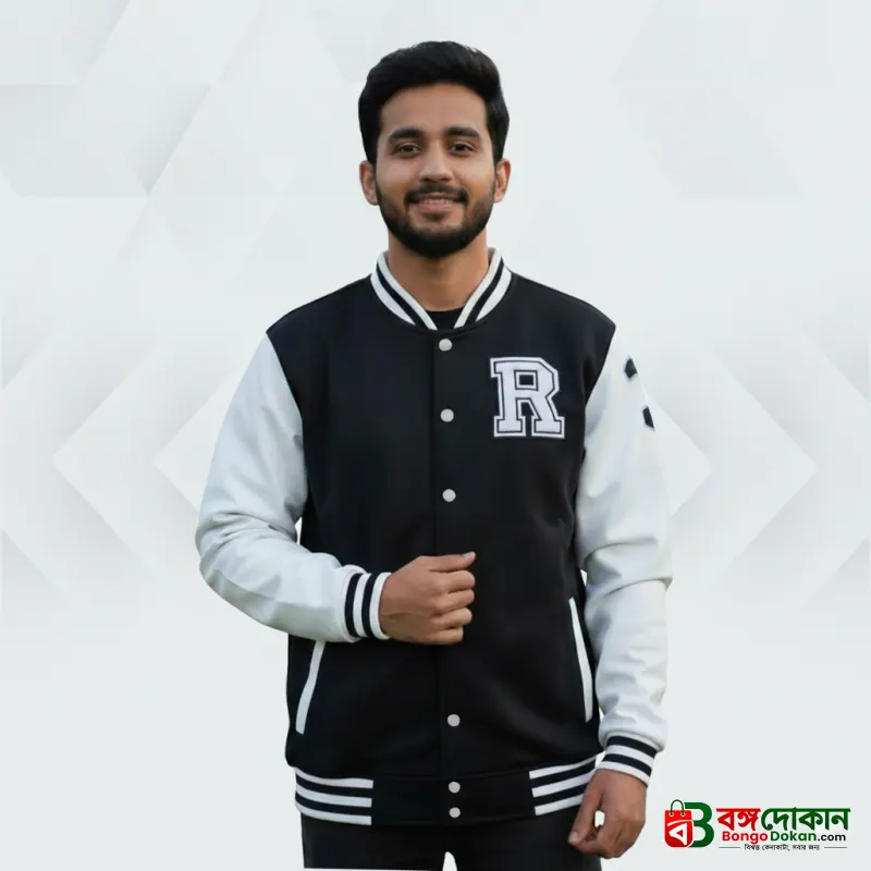 Men's Premium China Varsity Jacket ( Black+White) - বাংলাদেশে সেরা দাম ও উইন্টার কালেকশন - বাংলাদেশে সেরা অফার ও দাম