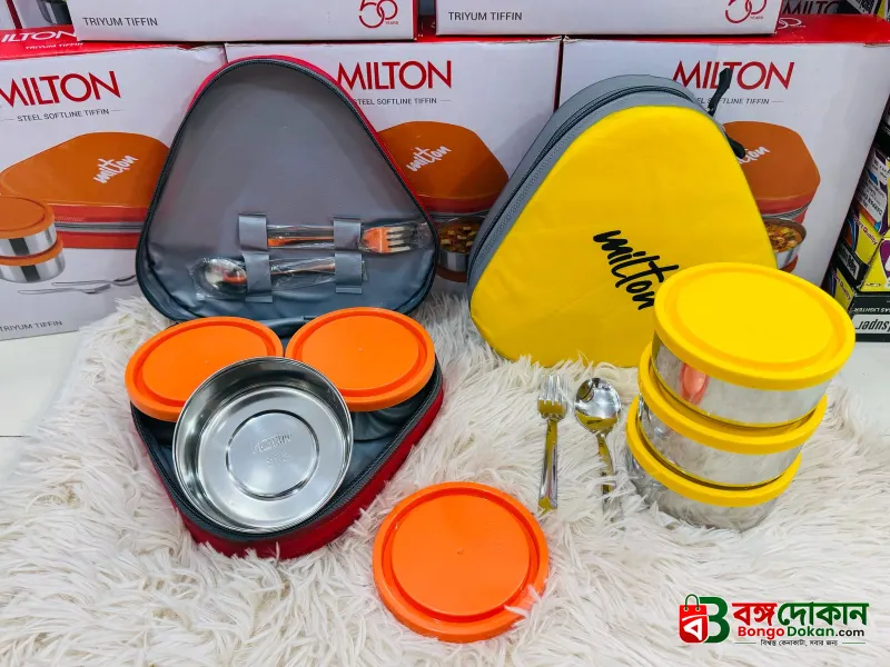 MILTON Triyum Stainless Steel Tiffin, 3 Container, 280 ml Each, with Jacket, Spoon & Fork, Orange | Lunch Box | Food Grade | Odour Proof | Light Weight | Hygienic - বাংলাদেশে সেরা দাম ও উইন্টার কালেকশন - বাংলাদেশে সেরা অফার ও দাম