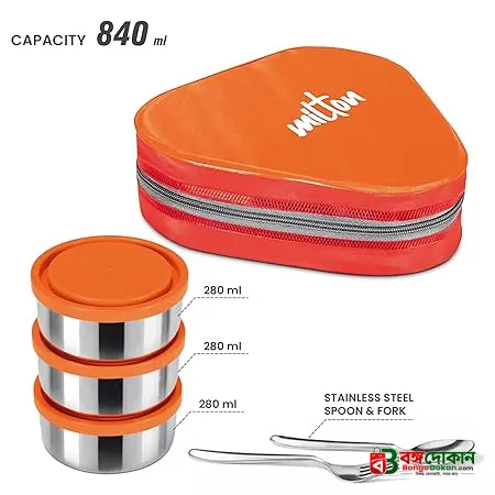 MILTON Triyum Stainless Steel Tiffin, 3 Container, 280 ml Each, with Jacket, Spoon & Fork, Orange | Lunch Box | Food Grade | Odour Proof | Light Weight | Hygienic - বাংলাদেশে সেরা দাম ও উইন্টার কালেকশন - গ্যালারি