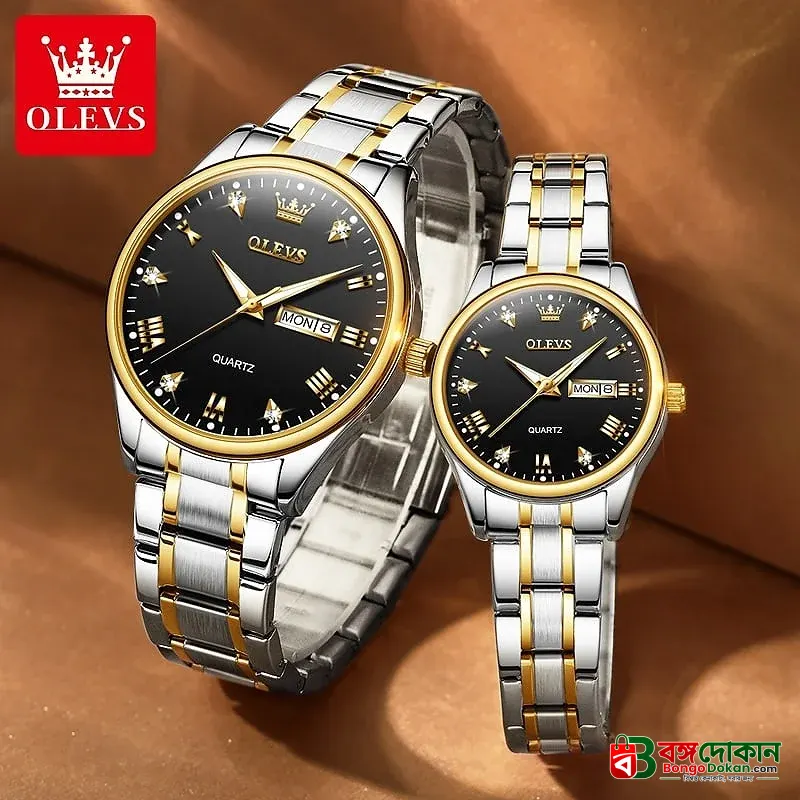 Olevs 5563 Couple Watch tow tone chain (black dial) - বাংলাদেশে সেরা দাম ও নতুন কালেকশন - গ্যালারি