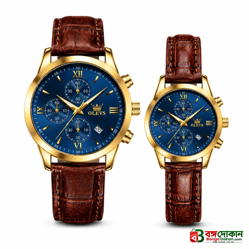 OLEVS Premium Luxury Leather Strap Couple Watch Set – Golden Case, Deep Blue Roman Numeral Dial, Chronograph, Date Display & Crocodile Texture Brown Leather Band (Perfect Anniversary & Wedding... - বাংলাদেশে সেরা দাম ও নতুন কালেকশন - গ্যালারি