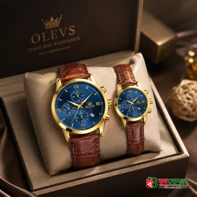 OLEVS Premium Luxury Leather Strap Couple Watch Set – Golden Case, Deep Blue Roman Numeral Dial, Chronograph, Date Display & Crocodile Texture Brown Leather Band (Perfect Anniversary & Wedding... - বাংলাদেশে সেরা দাম ও নতুন কালেকশন - গ্যালারি