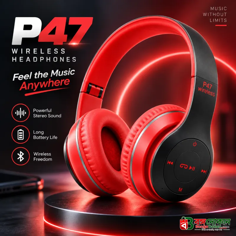 P47 Wireless Bluetooth Stereo Headphone – 40mm Driver Units, Dual Wired & Wireless Modes, Built-in FM Radio, TF Card Slot, 6H Playtime & Universal Compatibility for Gaming & Sports - বাংলাদেশে সেরা দাম ও স্পেসিফিকেশন - বাংলাদেশে সেরা অফার ও দাম