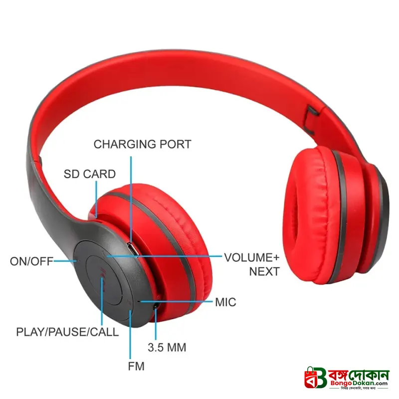 P47 Wireless Bluetooth Stereo Headphone – 40mm Driver Units, Dual Wired & Wireless Modes, Built-in FM Radio, TF Card Slot, 6H Playtime & Universal Compatibility for Gaming & Sports - বাংলাদেশে সেরা দাম ও স্পেসিফিকেশন - গ্যালারি