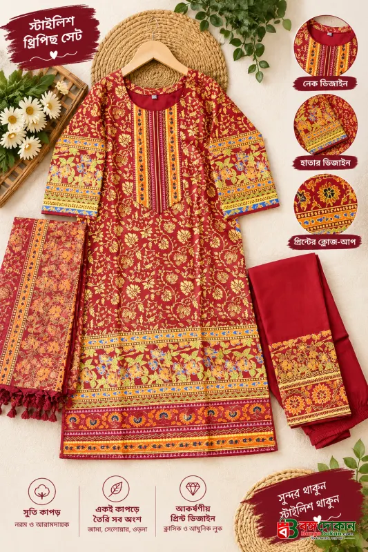 Premium Cotton Block and Digital Print Three-Piece Set - বাংলাদেশে সেরা দাম ও আকর্ষণীয় কালেকশন - বাংলাদেশে সেরা অফার ও দাম