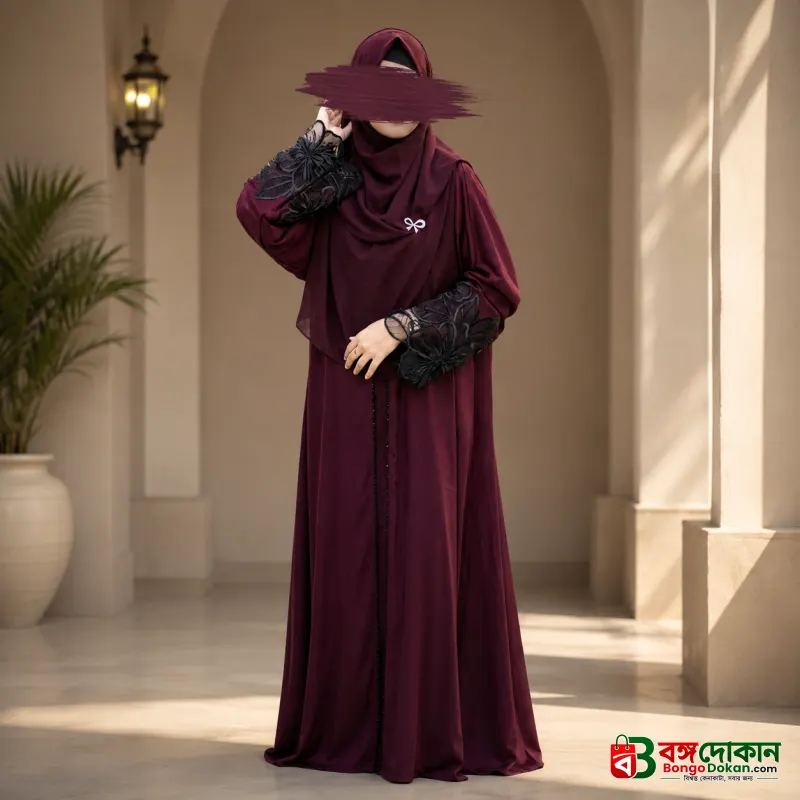 Premium Dubai Cherry Fabric: Elegant Lace Abaya Borka maroon Color - বাংলাদেশে সেরা দাম ও আকর্ষণীয় কালেকশন - বাংলাদেশে সেরা অফার ও দাম