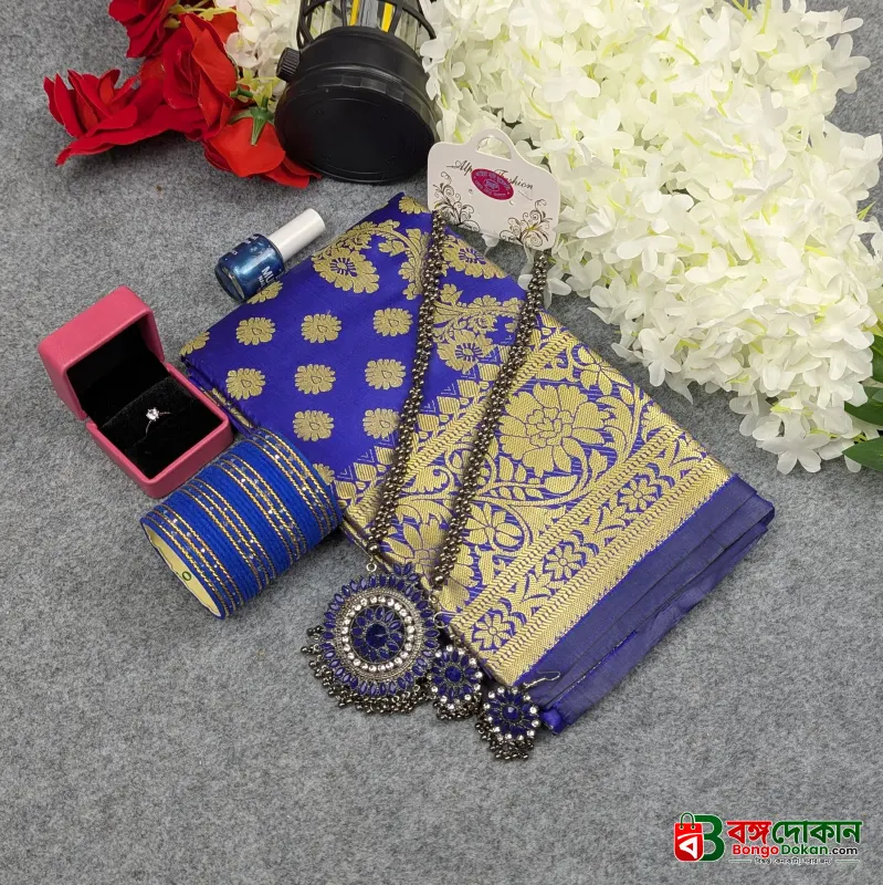 Premium Silk Katan Saree Combo Set - Blue - বাংলাদেশে সেরা দাম ও আকর্ষণীয় কালেকশন - গ্যালারি