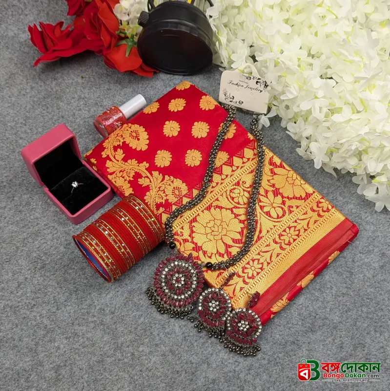 Premium Silk Katan Saree Combo Set - Red - বাংলাদেশে সেরা দাম ও আকর্ষণীয় কালেকশন - গ্যালারি
