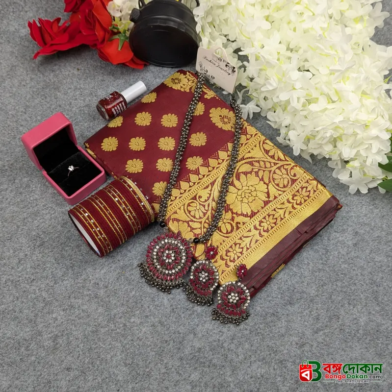 Premium Silk Katan Saree Combo Set - Maroon - বাংলাদেশে সেরা দাম ও আকর্ষণীয় কালেকশন - গ্যালারি