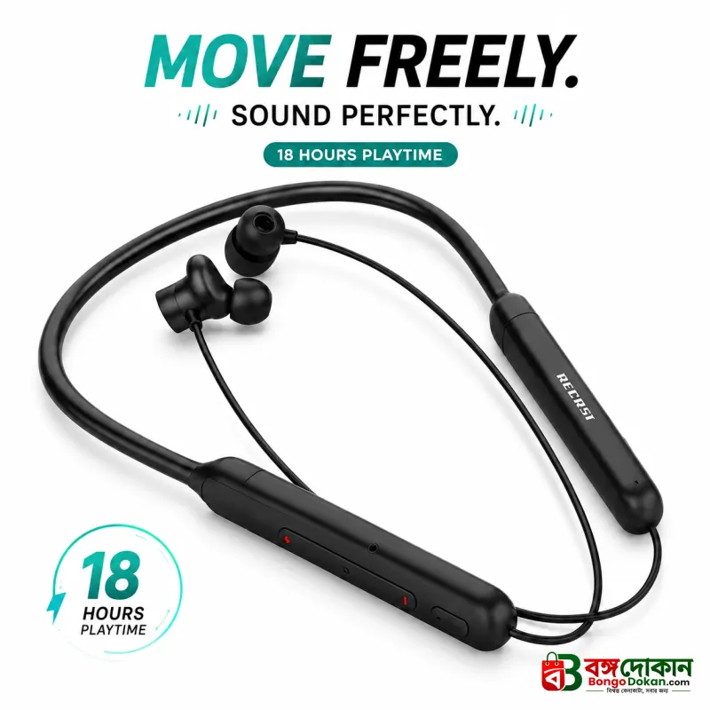 Recrsi RE-NY026 Wireless Bluetooth Neckband Headset – Super Waterproof Sports Earphones with 18 Hours Playtime, Mic, EQ & Magnetic Earbuds - বাংলাদেশে সেরা দাম ও স্পেসিফিকেশন - বাংলাদেশে সেরা অফার ও দাম