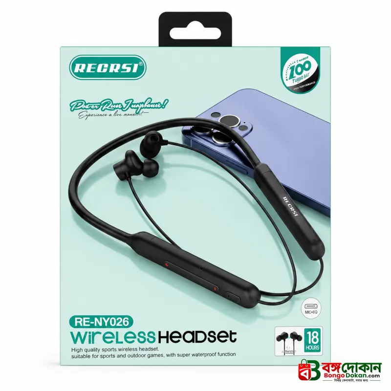 Recrsi RE-NY026 Wireless Bluetooth Neckband Headset – Super Waterproof Sports Earphones with 18 Hours Playtime, Mic, EQ & Magnetic Earbuds - বাংলাদেশে সেরা দাম ও স্পেসিফিকেশন - গ্যালারি