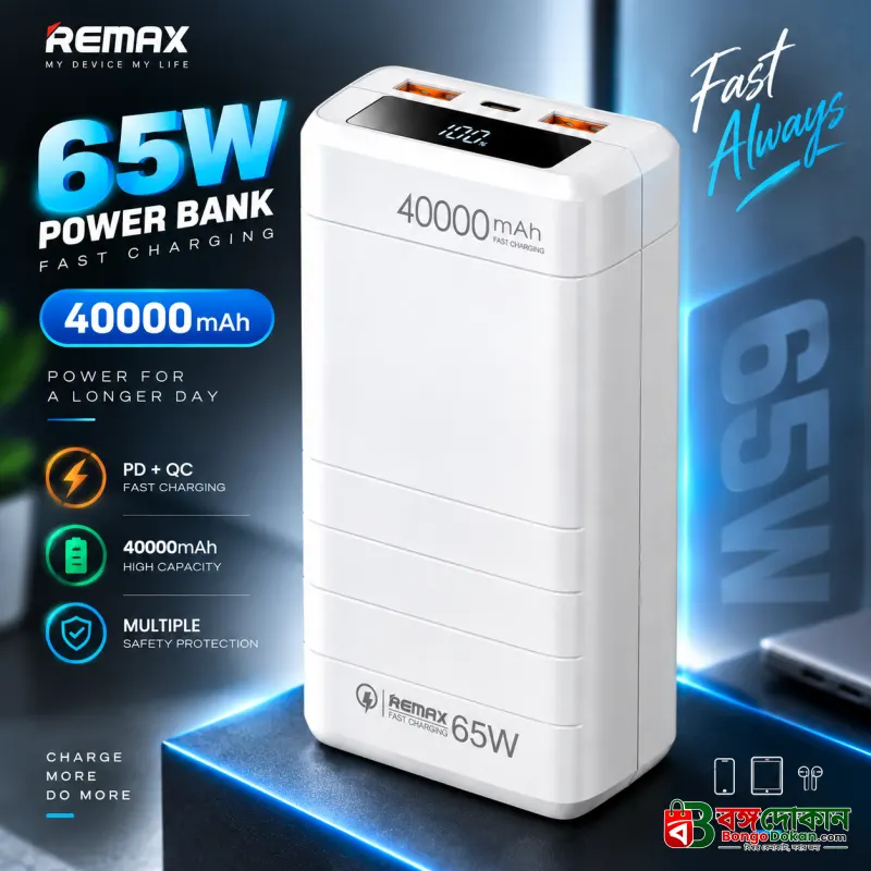 Remax RPP-310 Dinba Series 40000mAh 65W Fast Charging Power Bank (White) – PD & QC Support, Li-Polymer Battery, Type-C Two-Way Fast Charge & Digital Display - বাংলাদেশে সেরা দাম ও স্পেসিফিকেশন - বাংলাদেশে সেরা অফার ও দাম