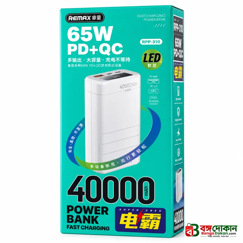 Remax RPP-310 Dinba Series 40000mAh 65W Fast Charging Power Bank (White) – PD & QC Support, Li-Polymer Battery, Type-C Two-Way Fast Charge & Digital Display - বাংলাদেশে সেরা দাম ও স্পেসিফিকেশন - গ্যালারি