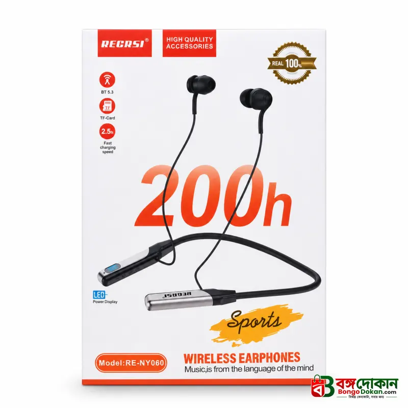 RE-NY060 Recrsi Wireless Neckband Bluetooth Earphone – Bluetooth 5.3 Headset with 200H Standby, 500mAh Battery, LED Display, TF Card Slot & Type-C Fast Charging - বাংলাদেশে সেরা দাম ও স্পেসিফিকেশন - গ্যালারি