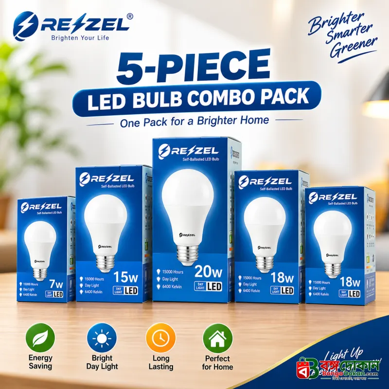 Rezzel LED Bulb 5-Piece Combo Pack (20W, 18W, 18W, 15W, 7W) – Energy Saving 6400K Cool White LED Bulbs with 270° Beam Angle, High Lumen Output & 1 Year Warranty - বাংলাদেশে সেরা দাম ও স্পেসিফিকেশন - বাংলাদেশে সেরা অফার ও দাম