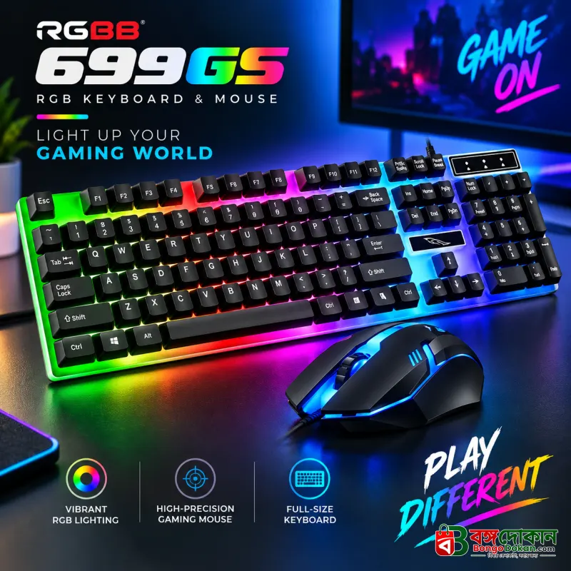 RGBB 699GS RGB USB Wired Gaming Keyboard and Mouse Combo – Standard Multifunctional Keyboard with Vibrant RGB Backlighting, Fashion Design & Laptop Compatibility - বাংলাদেশে সেরা দাম ও স্পেসিফিকেশন - বাংলাদেশে সেরা অফার ও দাম