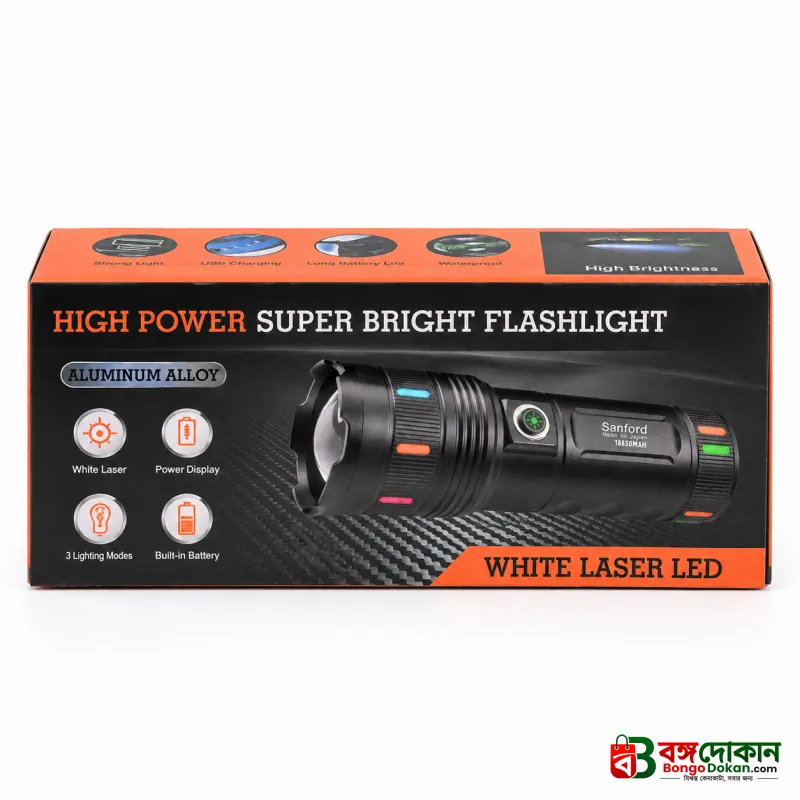 Sanford Super Bright White Laser LED Flashlight – Made in Japan High-Power Tactical Torch with 18650mAh Battery, Digital Display, Power Bank & Type-C Charging - বাংলাদেশে সেরা দাম ও স্পেসিফিকেশন - গ্যালারি