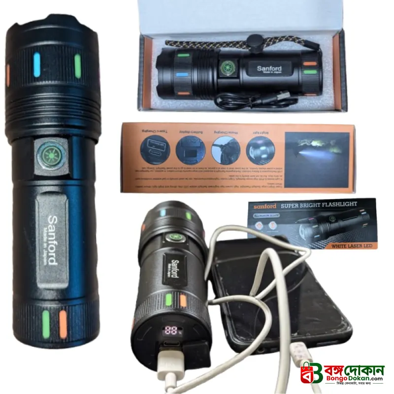 Sanford Super Bright White Laser LED Flashlight – Made in Japan High-Power Tactical Torch with 18650mAh Battery, Digital Display, Power Bank & Type-C Charging - বাংলাদেশে সেরা দাম ও স্পেসিফিকেশন - গ্যালারি