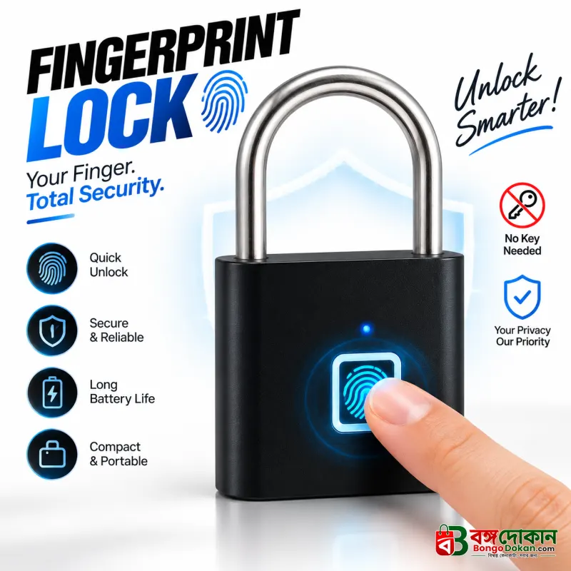 Smart Fingerprint Padlock – Keyless Biometric Thumbprint Lock with 10 User Capacity, USB Rechargeable Battery & Portable Security for Doors, Bicycles & Toolboxes - বাংলাদেশে সেরা দাম ও স্পেসিফিকেশন - বাংলাদেশে সেরা অফার ও দাম