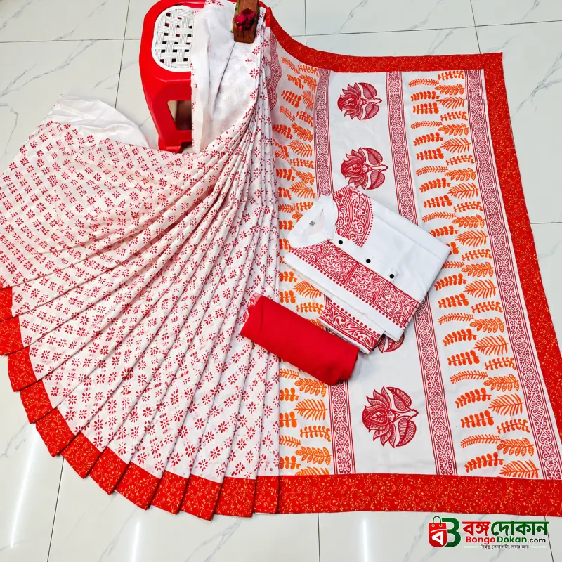 Special Puja Collection: Traditional Red and White Block-Print Couple Set - বাংলাদেশে সেরা দাম ও আকর্ষণীয় কালেকশন - বাংলাদেশে সেরা অফার ও দাম