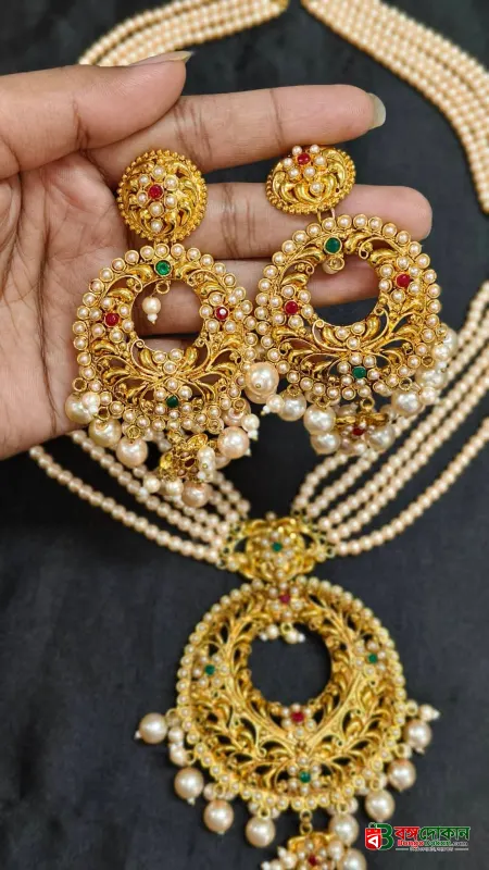 Traditional Gold-Plated Hyderabadi Pearl Sitahar and Jhumka Jewellery Set - বাংলাদেশে সেরা দাম ও এক্সক্লুসিভ ডিজাইন - গ্যালারি