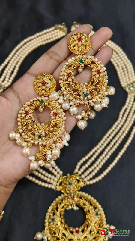 Traditional Gold-Plated Hyderabadi Pearl Sitahar and Jhumka Jewellery Set - বাংলাদেশে সেরা দাম ও এক্সক্লুসিভ ডিজাইন - গ্যালারি