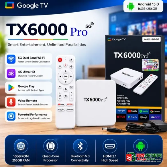 TX6000 Pro 5G Google TV Box | Android 15.0 | 16GB RAM + 256GB Storage | 4K Ultra HD - বাংলাদেশে সেরা দাম ও স্পেসিফিকেশন - গ্যালারি