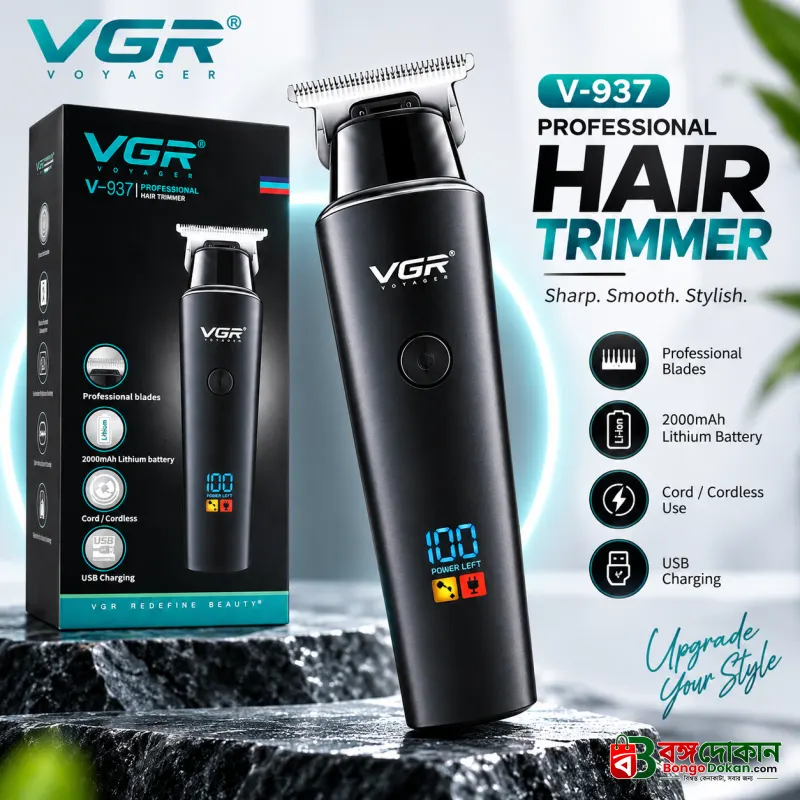 VGR V-937 Professional Cordless Hair & Beard Trimmer for Men – 500 Min Runtime, 2000mAh Battery, Smart LCD Display, Type-C & Zero Gap Stainless Steel Blade (Black) - বাংলাদেশে সেরা দাম ও স্পেসিফিকেশন