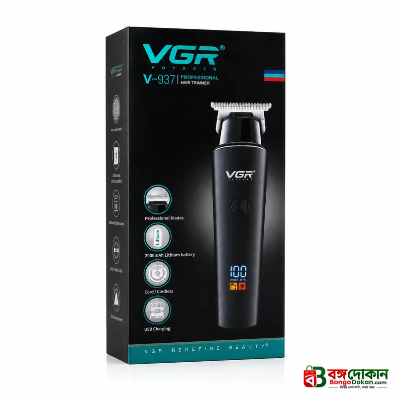 VGR V-937 Professional Cordless Hair & Beard Trimmer for Men – 500 Min Runtime, 2000mAh Battery, Smart LCD Display, Type-C & Zero Gap Stainless Steel Blade (Black) - বাংলাদেশে সেরা দাম ও স্পেসিফিকেশন - গ্যালারি