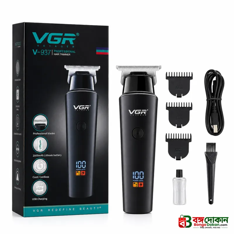 VGR V-937 Professional Cordless Hair & Beard Trimmer for Men – 500 Min Runtime, 2000mAh Battery, Smart LCD Display, Type-C & Zero Gap Stainless Steel Blade (Black) - বাংলাদেশে সেরা দাম ও স্পেসিফিকেশন - গ্যালারি