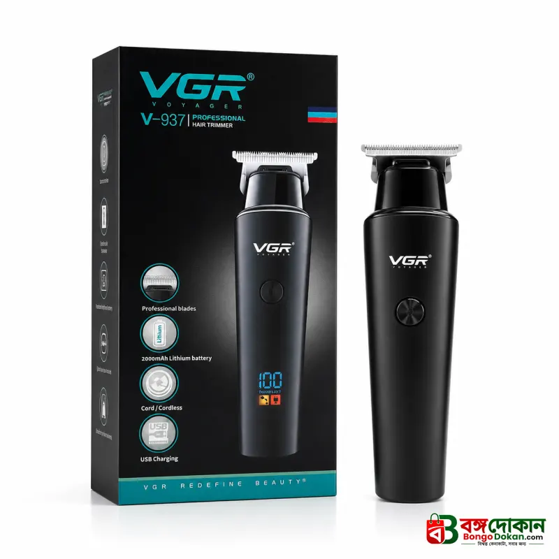 VGR V-937 Professional Cordless Hair & Beard Trimmer for Men – 500 Min Runtime, 2000mAh Battery, Smart LCD Display, Type-C & Zero Gap Stainless Steel Blade (Black) - বাংলাদেশে সেরা দাম ও স্পেসিফিকেশন - গ্যালারি