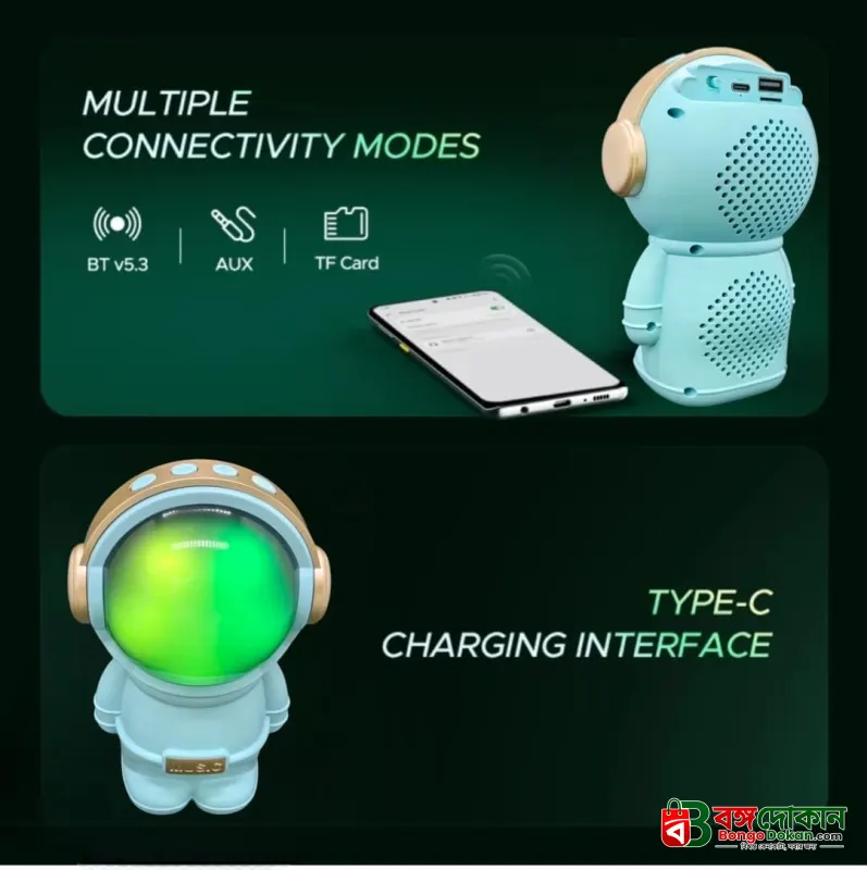 Wrader X808 Cute Astronaut Wireless Bluetooth Speaker – 5W Woofer Bass, RGB LED Lights, TWS Stereo, FM, USB & TF Card Support - বাংলাদেশে সেরা দাম ও স্পেসিফিকেশন - গ্যালারি