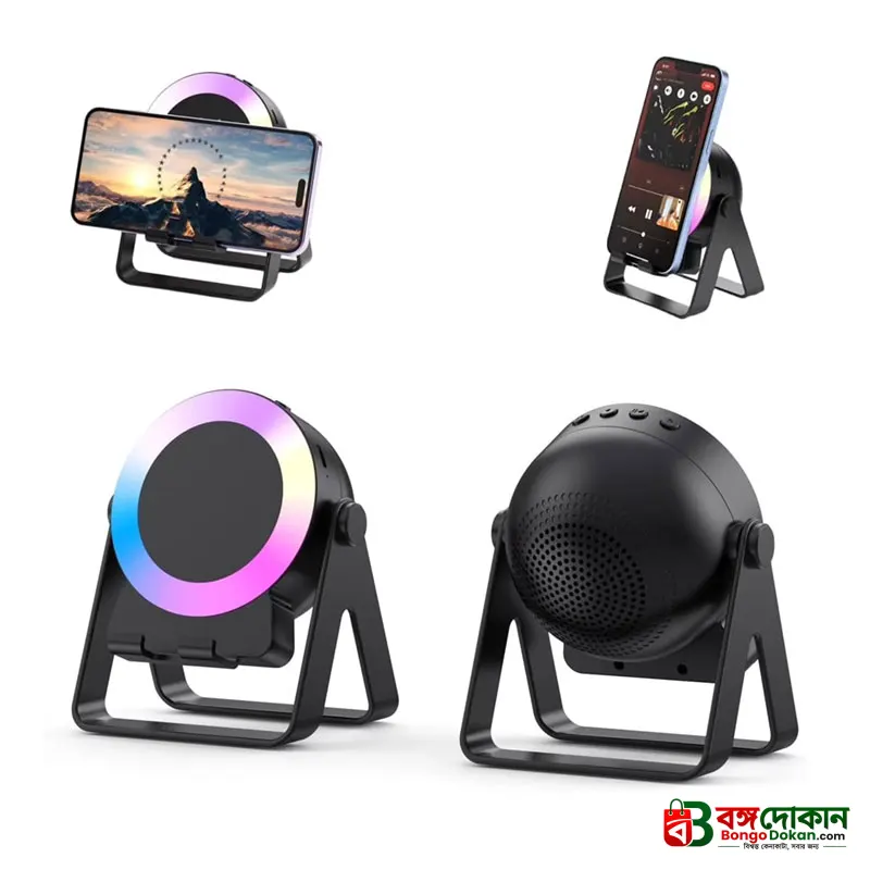 ZF18 2-in-1 Sensor Bluetooth Speaker & Foldable Mobile Holder – 360-Degree Rotating Phone Stand with RGB LED Light, Powerful Bass & Rechargeable Battery - বাংলাদেশে সেরা দাম ও স্পেসিফিকেশন - গ্যালারি