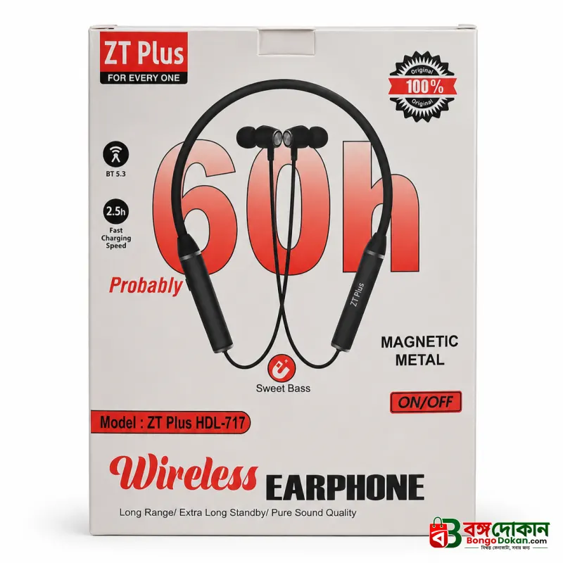 ZT Plus HDL-717 Wireless Neckband Earphone – Bluetooth 5.3 Headset with 60H Battery Life, 2.5H Fast Charging & Magnetic Metal Earbuds - বাংলাদেশে সেরা দাম ও স্পেসিফিকেশন - গ্যালারি