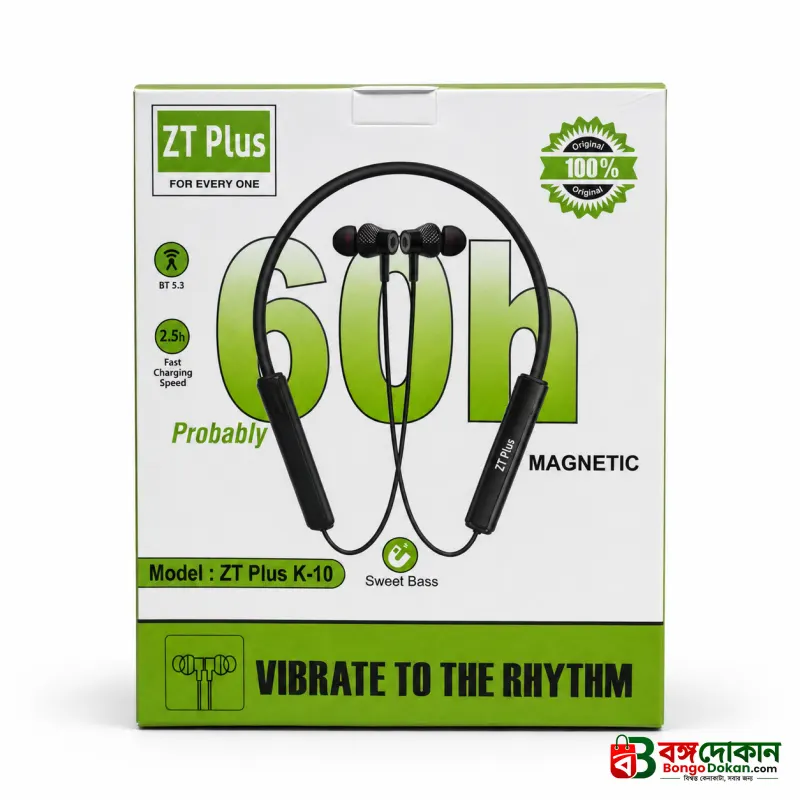 ZT Plus K-10 Wireless Bluetooth Neckband Earphone – Bluetooth 5.3 Headset with 60H Battery Life, Sweet Bass, 2.5H Fast Charging & Magnetic Earbuds - বাংলাদেশে সেরা দাম ও স্পেসিফিকেশন - গ্যালারি